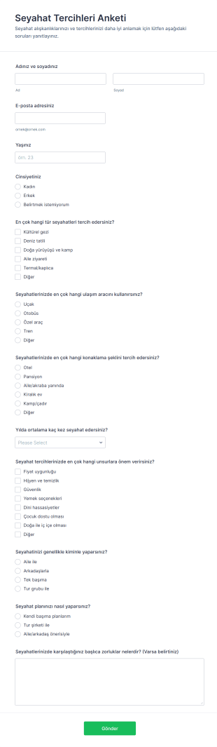 Seyahat Tercihleri Anketi Form Şablonu