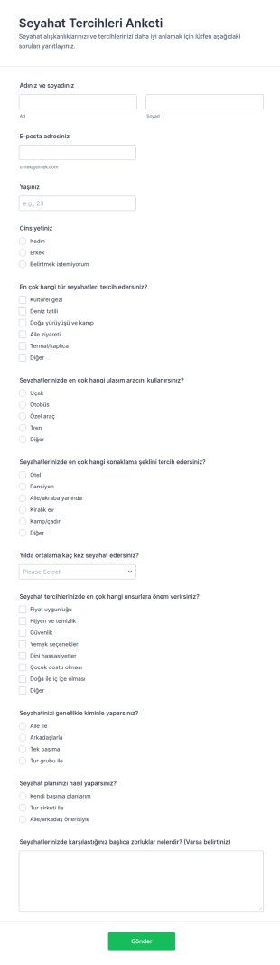 Seyahat Tercihleri Anketi Form Şablonu