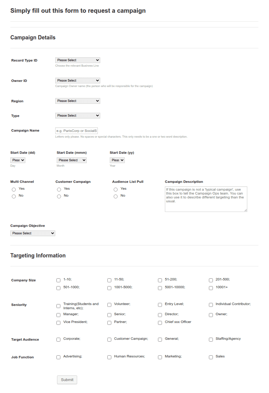 Campaign Development Form Campaign Request Form Template | Jotform