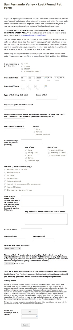 Lost And Found Pet Form Template