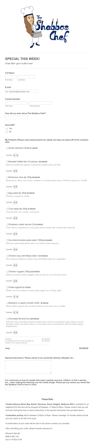 Shabbos Chef Menu 4 Form Template