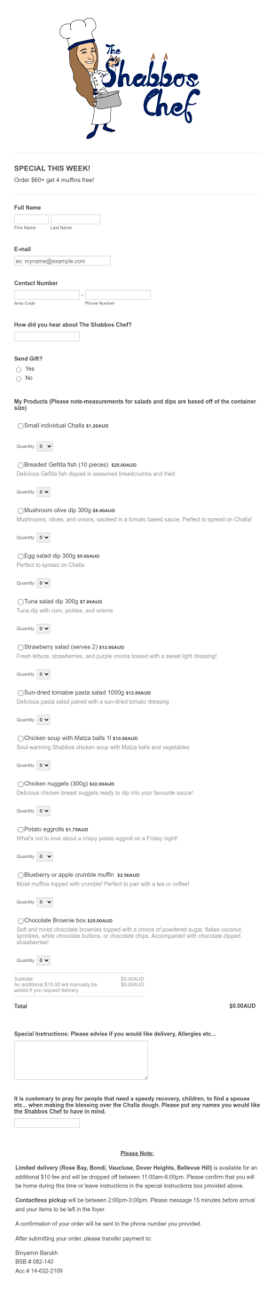 Shabbos Chef Menu 4 Form Template