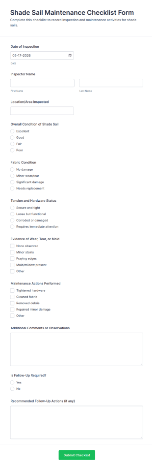 Shade Sail Maintenance Checklist Form Template