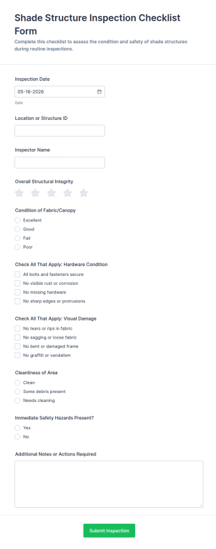 Shade Structure Inspection Checklist Form Template