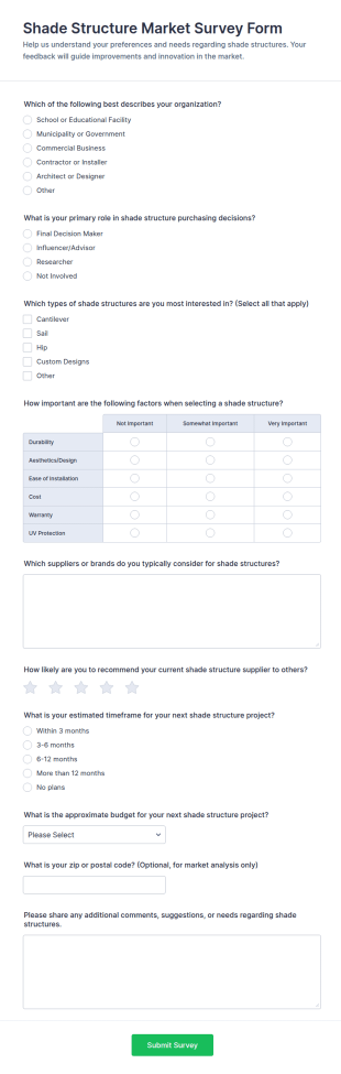 Shade Structure Market Survey Form Template