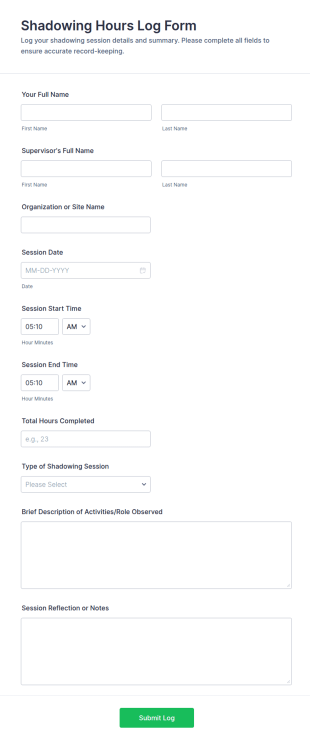 Shadowing Hours Log Form Template