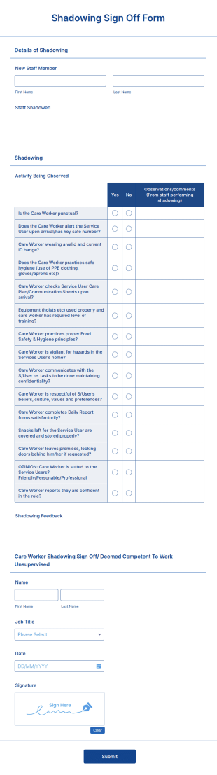 Shadowing Sign Off Form Template