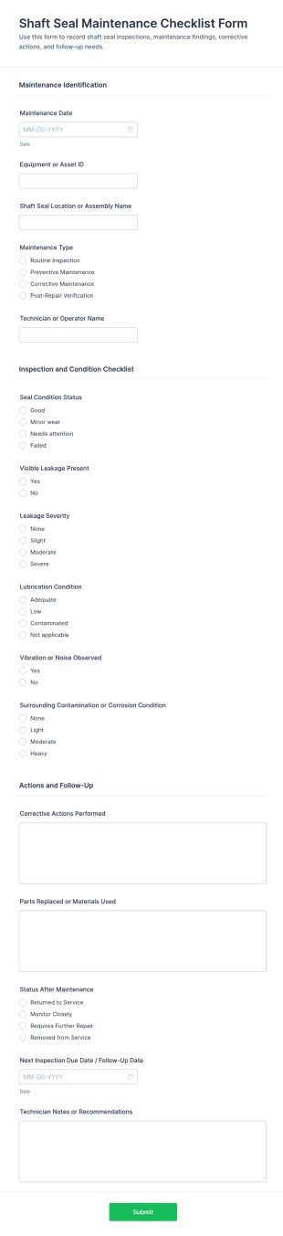 Shaft Seal Maintenance Checklist Form Template