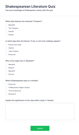 Shakespearean Literature Quiz Form Template