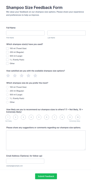 Shampoo Size Feedback Form Template