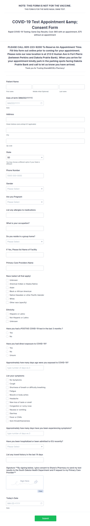 COVID 19 Rapid Test Appointment And Consent Form Template