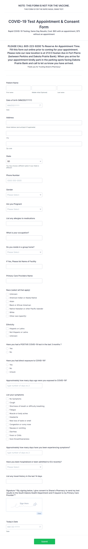 COVID 19 Rapid Test Appointment And Consent Form Template