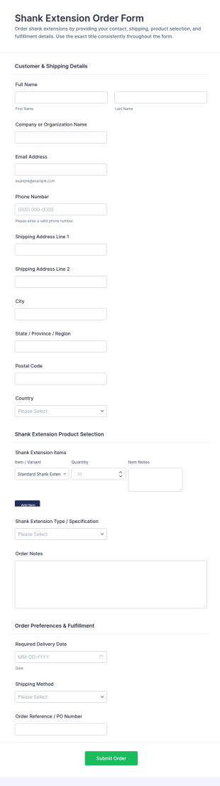 Shank Extension Order Form Template