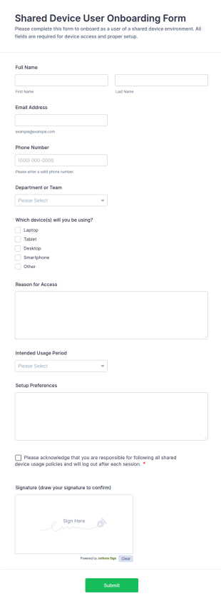 Shared Device User Onboarding Form Template