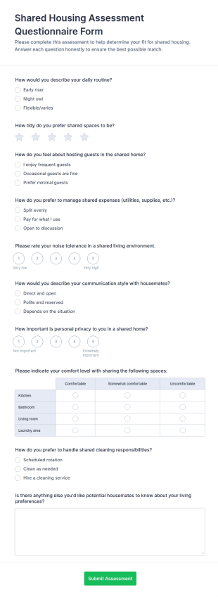 Shared Housing Assessment Questionnaire Form Template