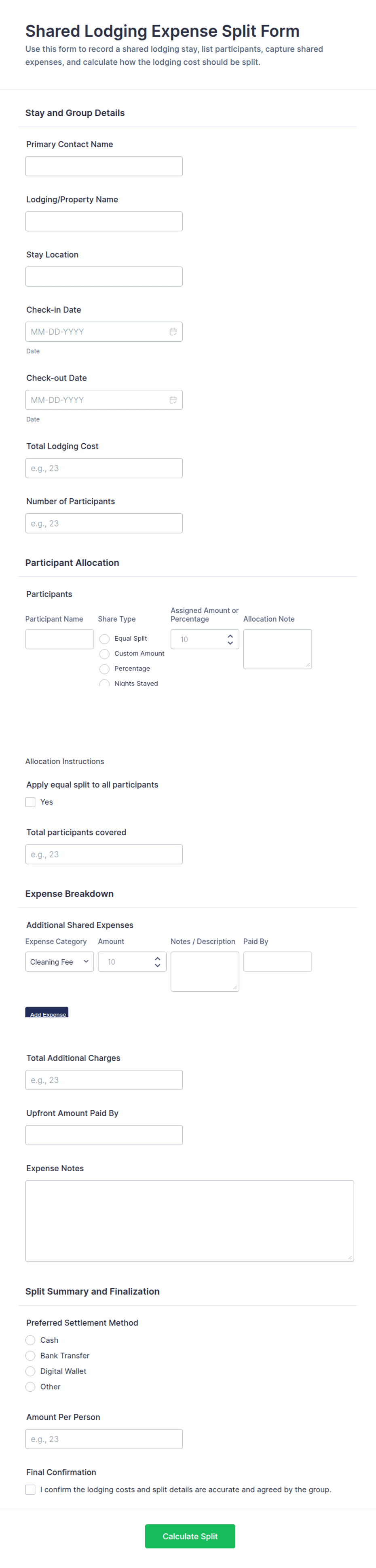 Shared Lodging Expense Split Form Template | Jotform