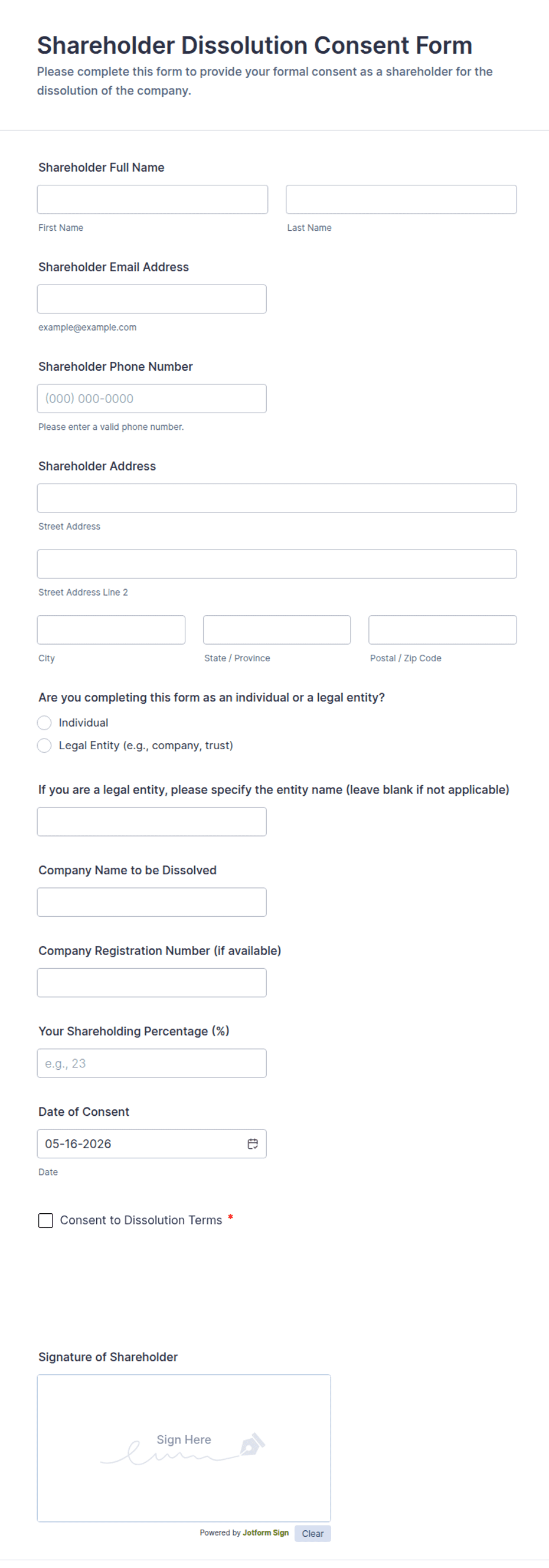 Disown Form Shareholder Dissolution Consent Form Template | Jotform