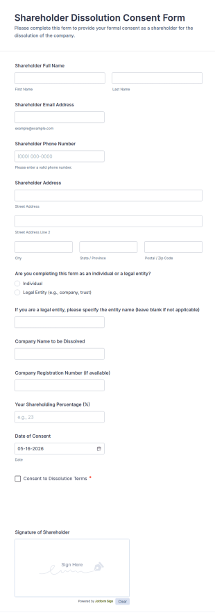 Shareholder Dissolution Consent Form Template