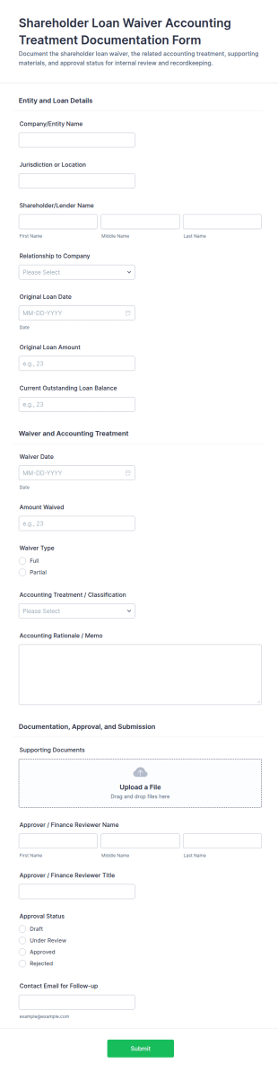 Shareholder Loan Waiver Accounting Treatment Documentation Form Template