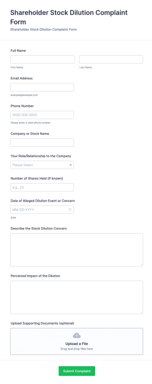 Shareholder Stock Dilution Complaint Form Template