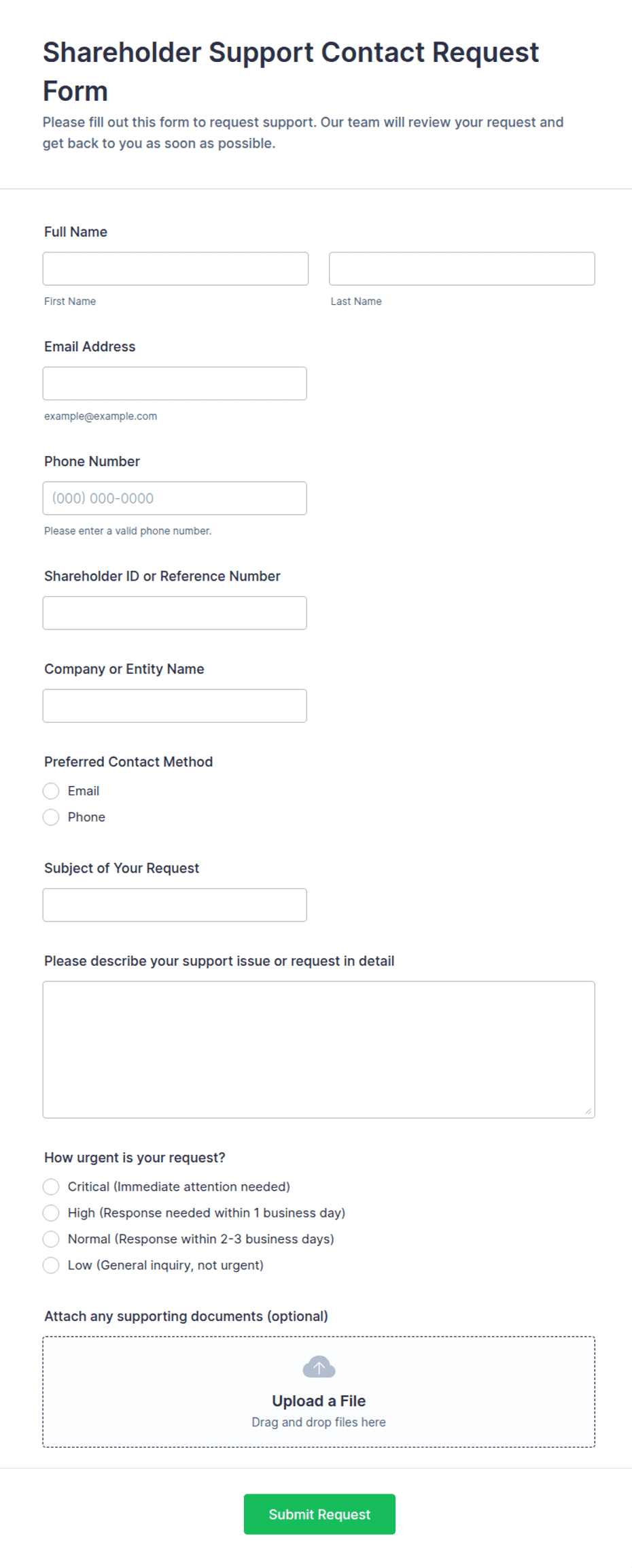 Shareholder Support Contact Request Form Template | Jotform