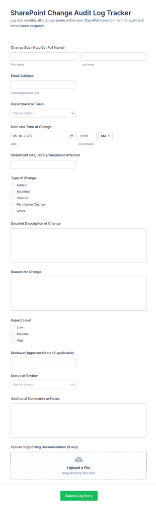 SharePoint Change Audit Log Tracker Form Template