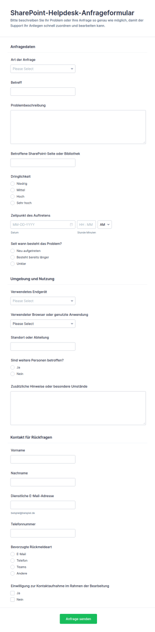 SharePoint Hilfeanfrage Formular