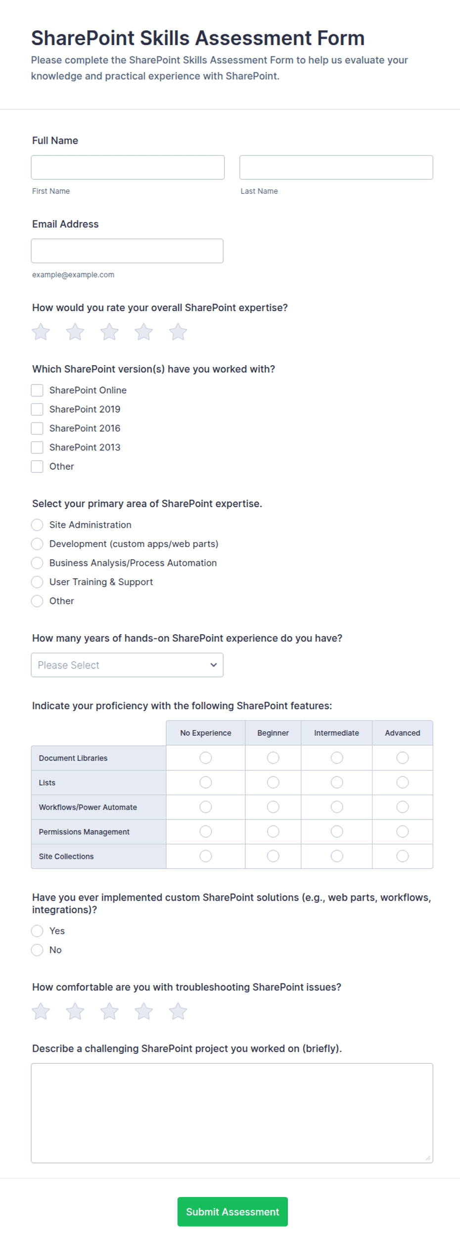 SharePoint Skills Assessment Form Template | Jotform