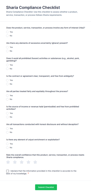 Sharia Compliance Checklist Form Template