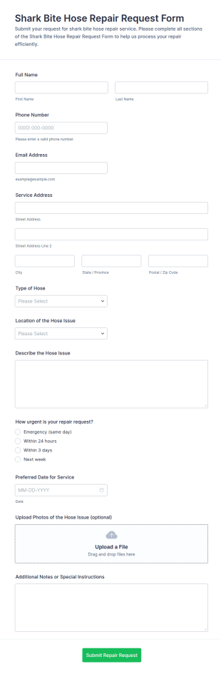 Shark Bite Hose Repair Request Form Template