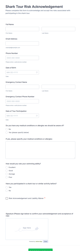 Shark Tour Risk Acknowledgement Form Template