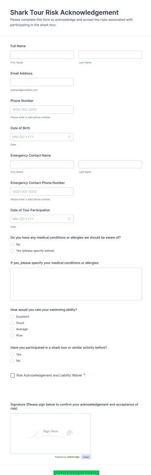 Shark Tour Risk Acknowledgement Form Template