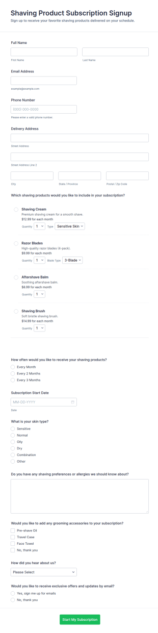 Shaving Product Subscription Signup Form Template