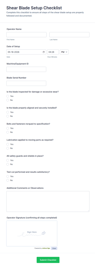 Shear Blade Setup Checklist Form Template