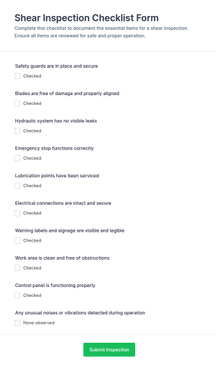 Shear Inspection Checklist Form Template