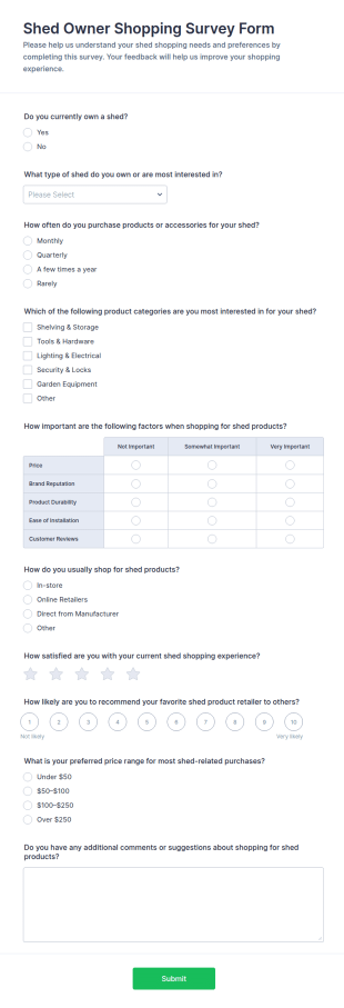 Shed Owner Shopping Survey Form Template