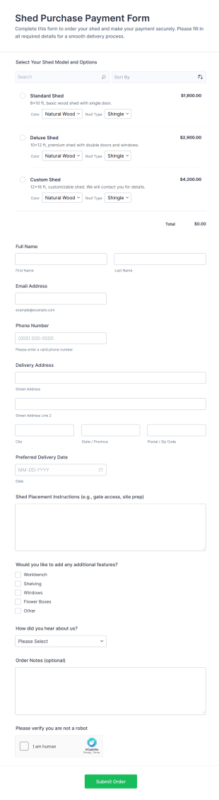 Shed Purchase Payment Form Template