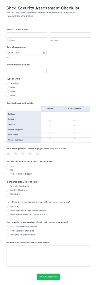 Shed Security Assessment Checklist Form Template