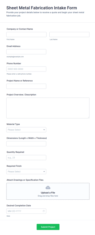 Sheet Metal Fabrication Intake Form Template