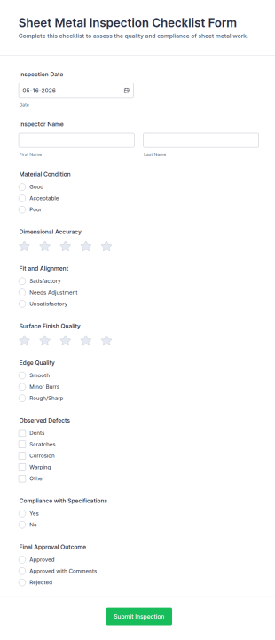 Sheet Metal Inspection Checklist Form Template