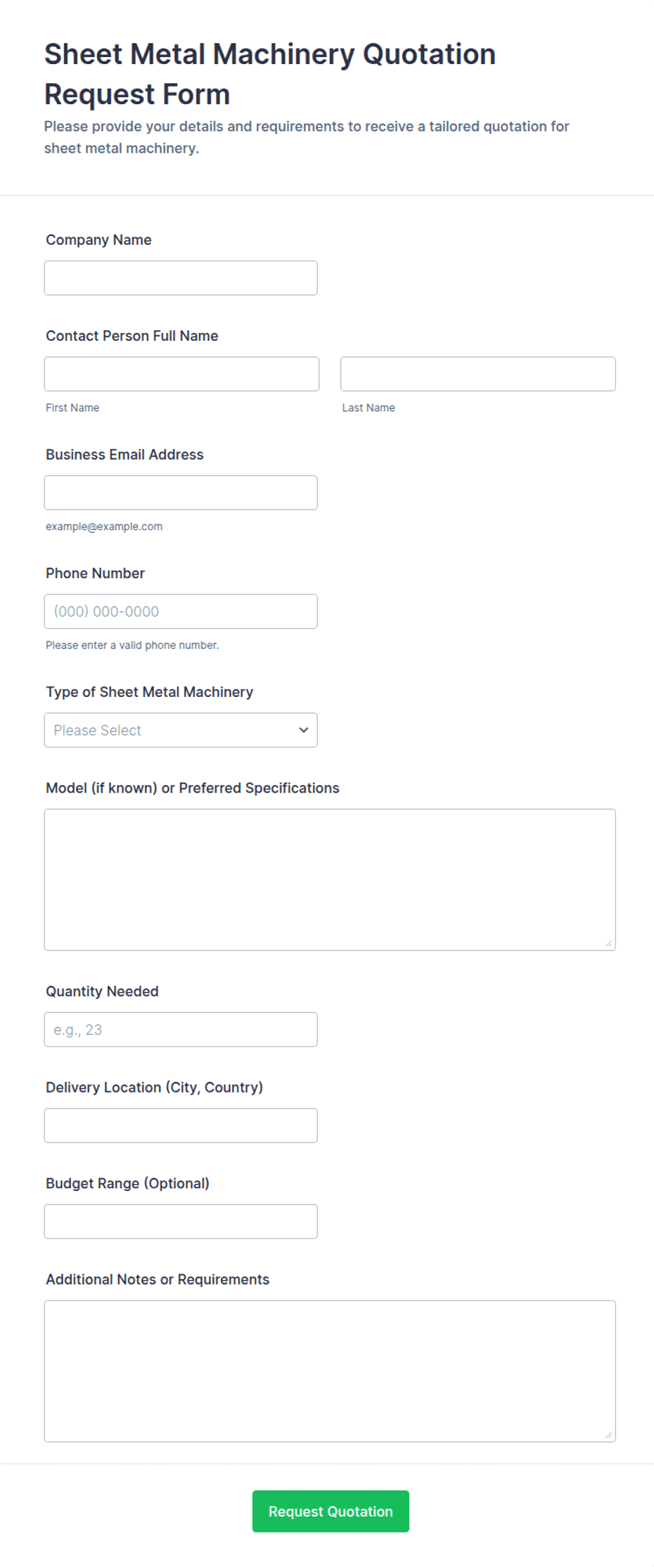 Sheet Metal Machinery Quotation Request Form Template | Jotform