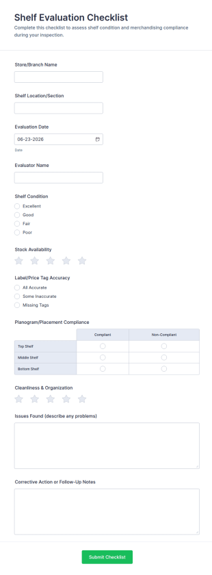 Shelf Evaluation Checklist Form Template
