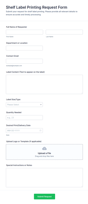 Shelf Label Printing Request Form Template