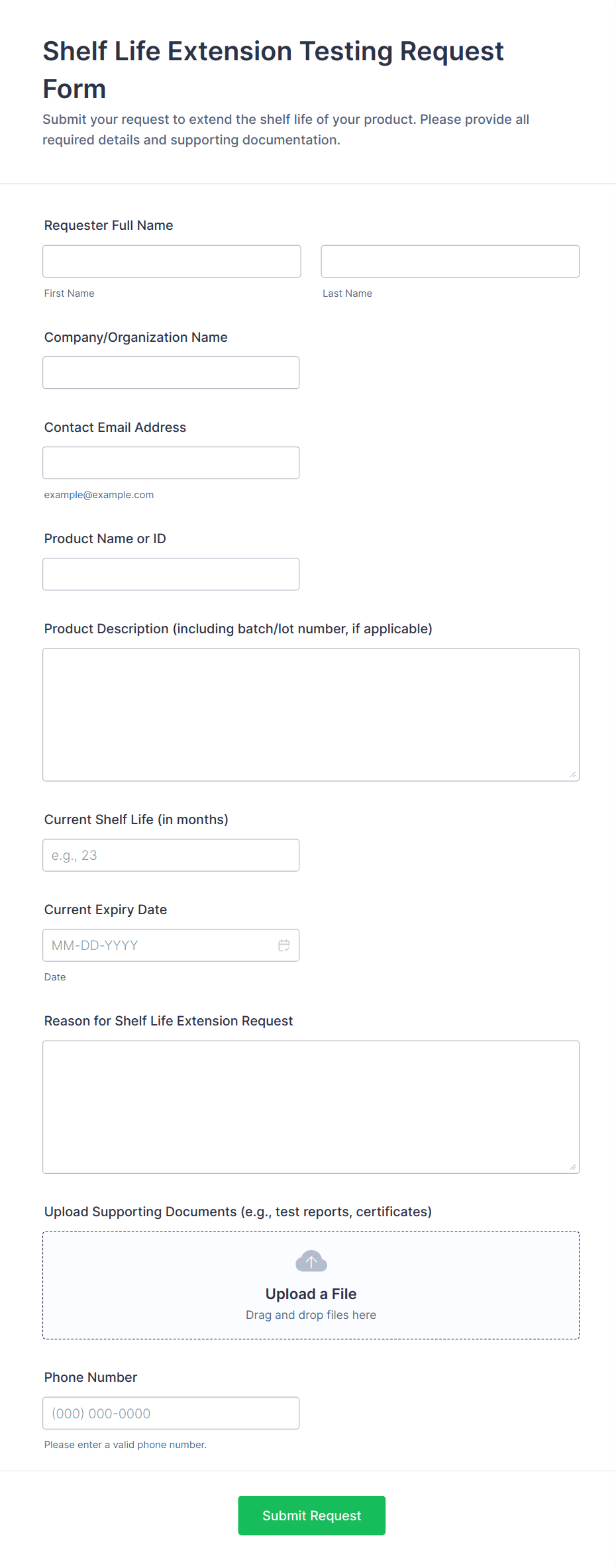 Shelf Life Extension Testing Request Form Template | Jotform