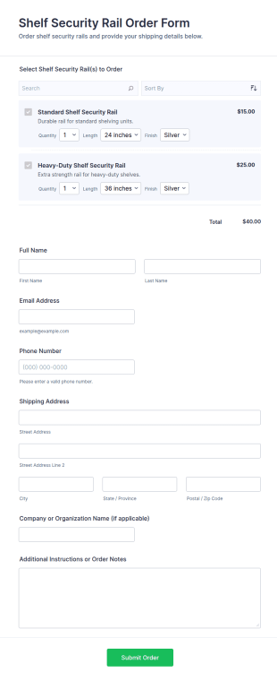 Shelf Security Rail Order Form Template