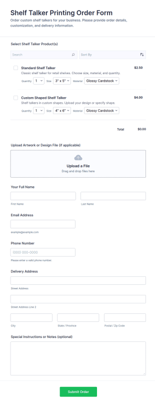 Shelf Talker Printing Order Form Template