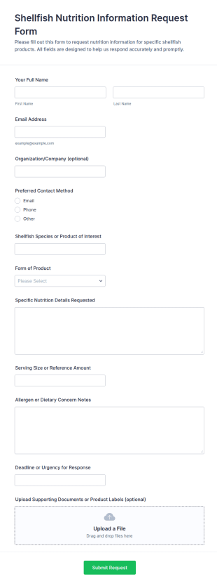 Shellfish Nutrition Information Request Form Template