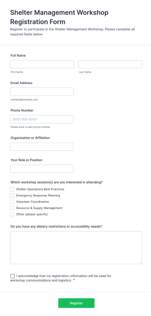 Shelter Management Workshop Registration Form Template