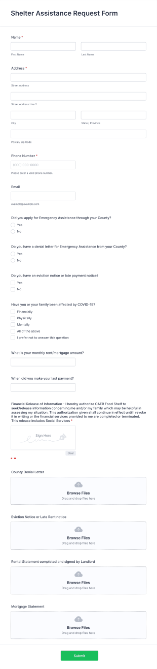 Shelter Registration Form Template