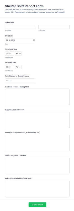 Shelter Shift Report Form Template